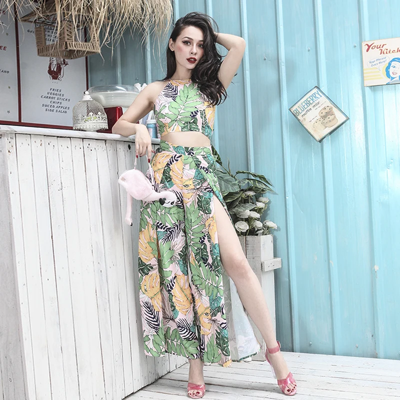

2018 Summer Holiday Bohemia Chiffon Backless Short Tank Top and Side Slits Wide Leg Pants Two Pieces Women Spaghetti Straps