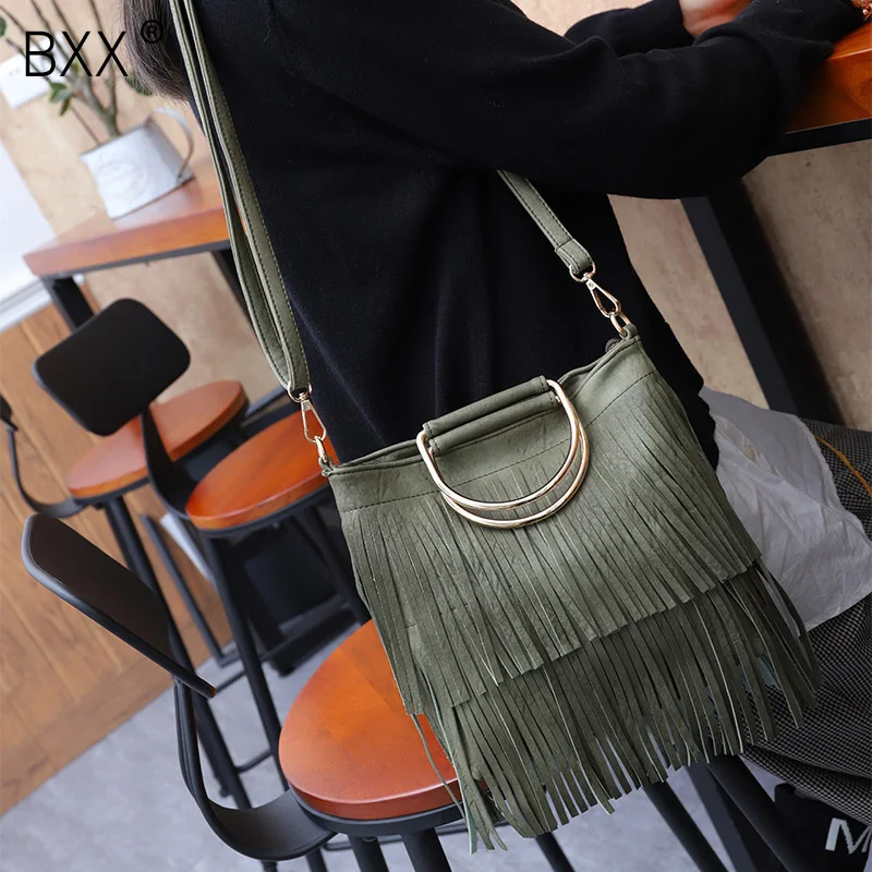 

[BXX] Woman Trend Music Festival Elegant Leisure Tassels Single Strap Round Metal Hoop PU Leather Messenger Shoulder Bag LM839