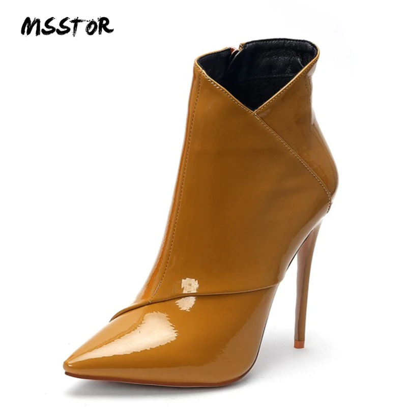 

MSSTOR Sexy Party Fashion Ankle Boots Women Concise Yellow Patent Leather High Heels Boots Pointed Toe Women Winter Shoes 12CM