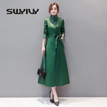 SWYIVY, Женская осенне-зимняя кожаная куртка, пальто из искусственной кожи, длинный дизайн, новинка, женская меховая теплая куртка, тонкое мягкое Женское пальто, большой размер 5XL