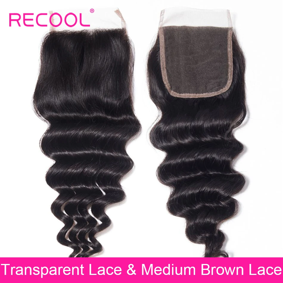 

Recool HD Transparent Lace Closure Brazilian Loose Deep wave Human Hair Closure Free/Middle Part 4x4 inch Swiss Lace Top Closure