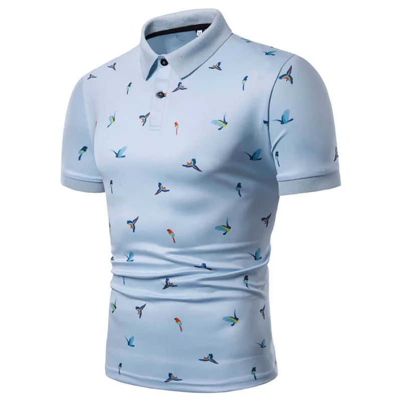  Polo men's summer fashion bird print short-sleeved lapel polo shirt cotton Slim business casual bre