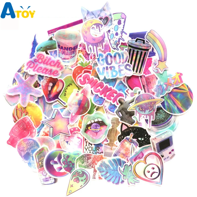 

70 Pcs Cute kawaii Laser Rainbow Graffiti Sticker Toy For Laptop Skateboard Suitcase Computer Car Luggage Scooter Child Sticker