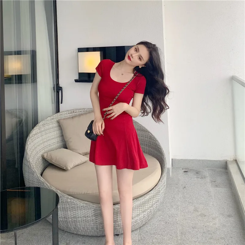 Женское летнее платье с круглым вырезом и коротким рукавом, корейское тонкое платье трапециевидной формы, тонкое ретро платье, красное, черное, розовое Короткое мини-платье Vestidos