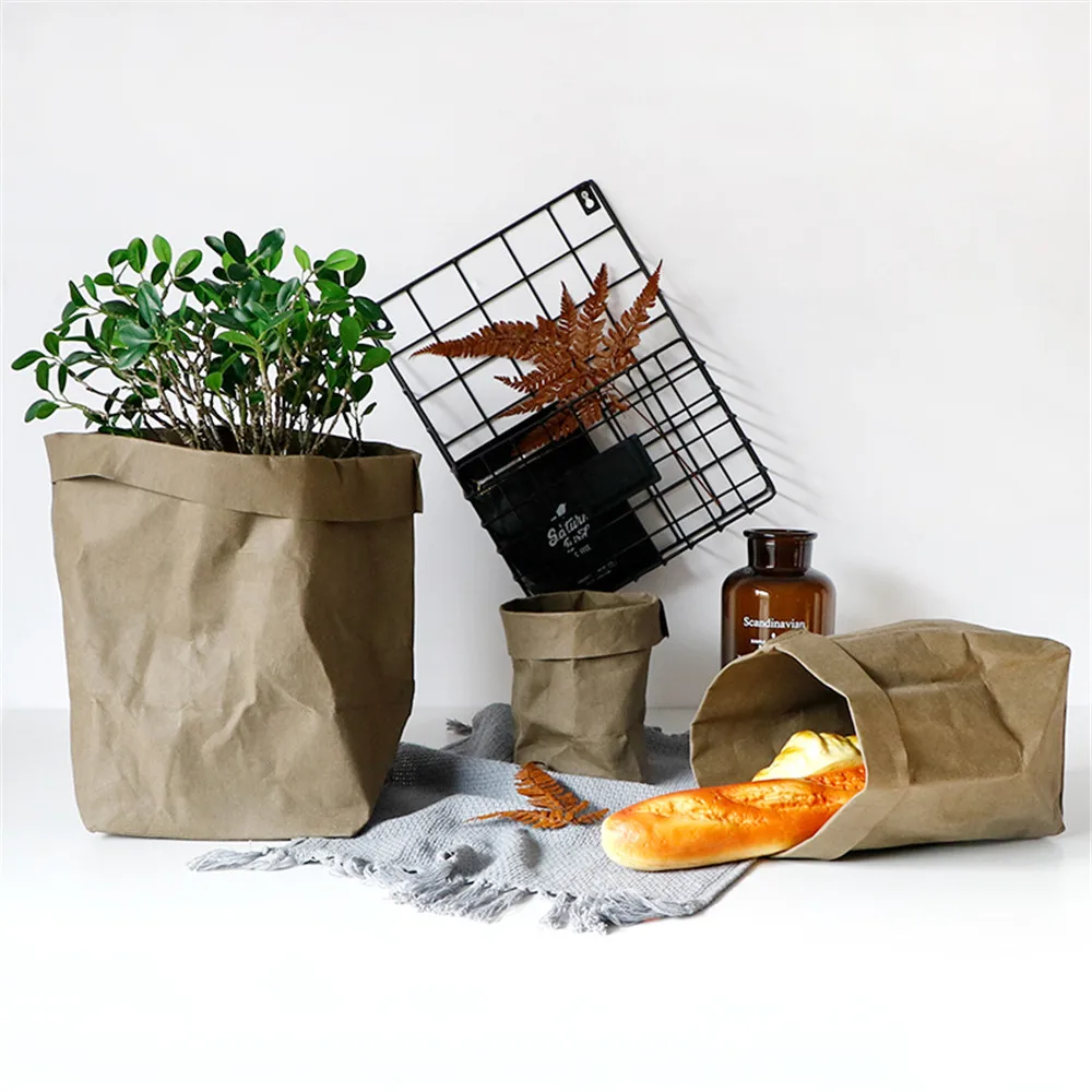 

Washable Kraft Paper Storage Bag Nordic European Vegetable Bread Organizer Paper Pouch Home Flower Succulents Pots Plants Bag