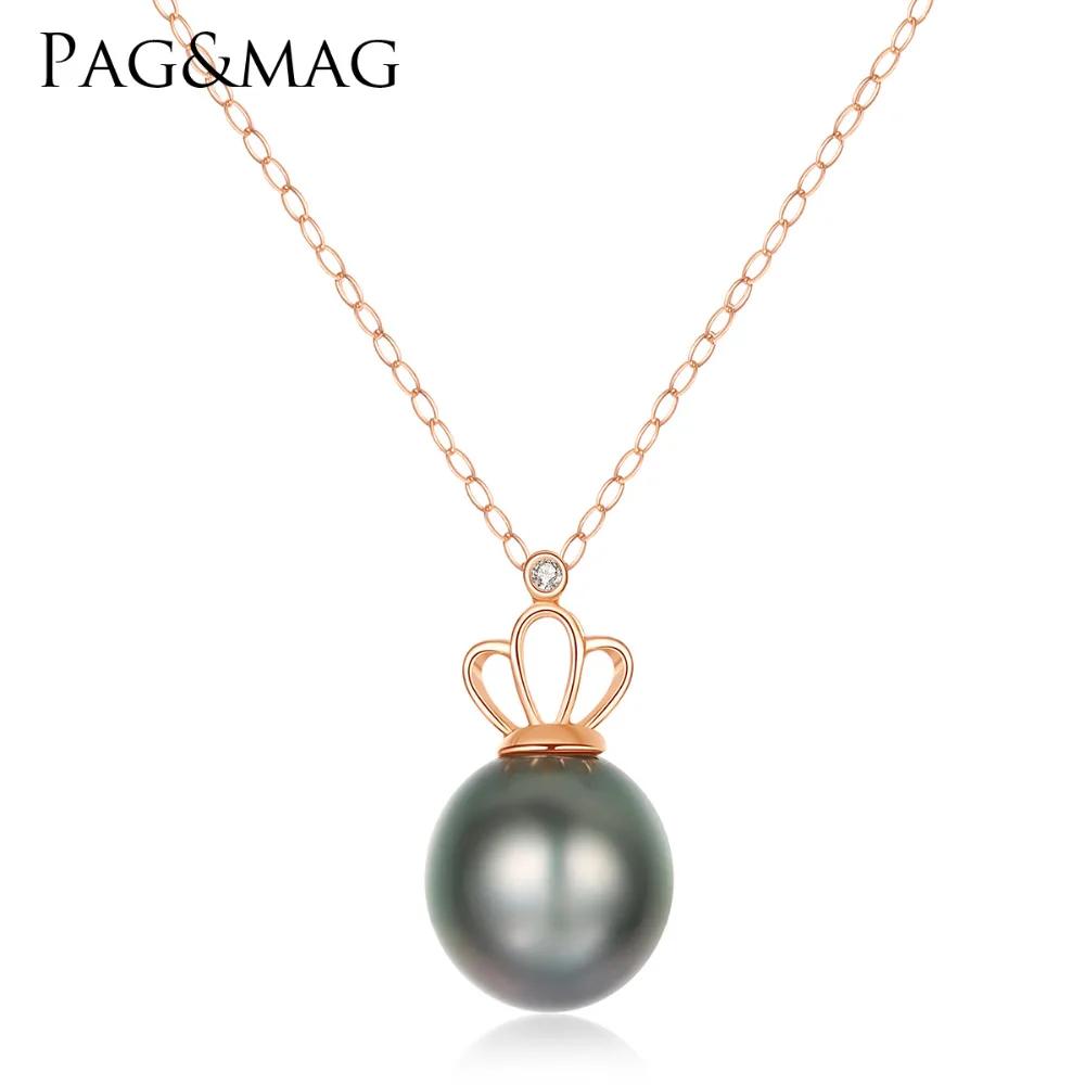 

PAG&MAG Charming Black 8-9mm Round Ball Tahitian Pearl Pendant Necklace for Women 18K Yellow Gold Chain Necklace Wedding Jewelry