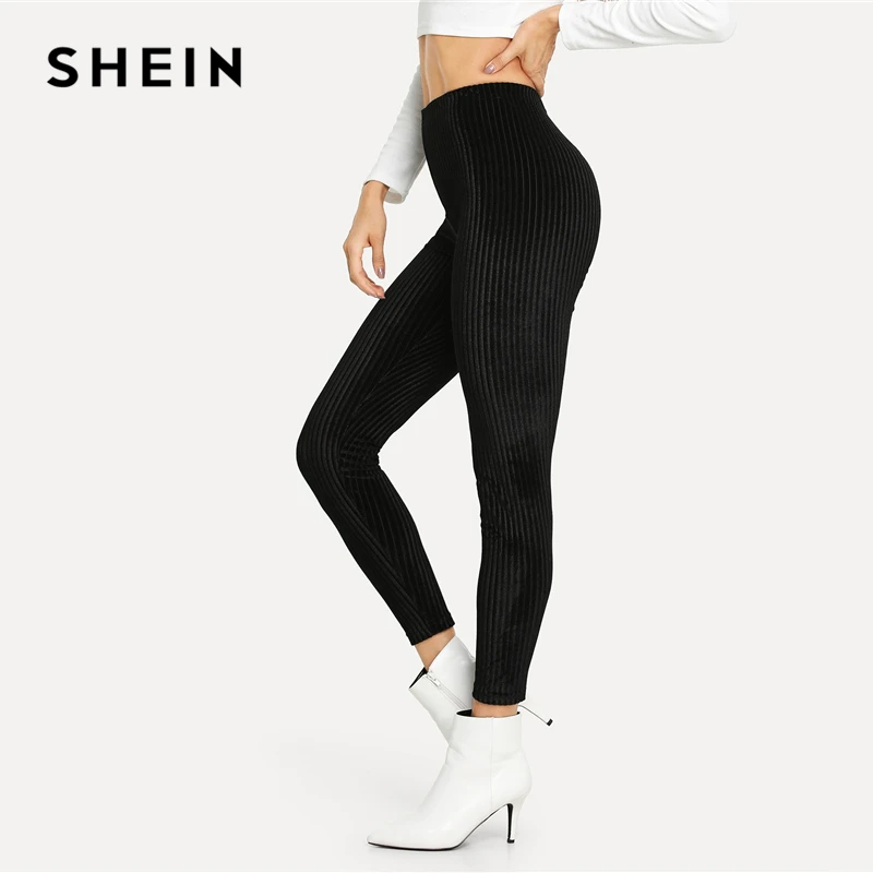 Tanie SHEIN czarny Casual jednokolorowy aksamitny prążkowany zwykły wysokiej talii upraw szczupły streetwear legginsy kobiety jesień wypoczynek nowoczesne Lady legginsy