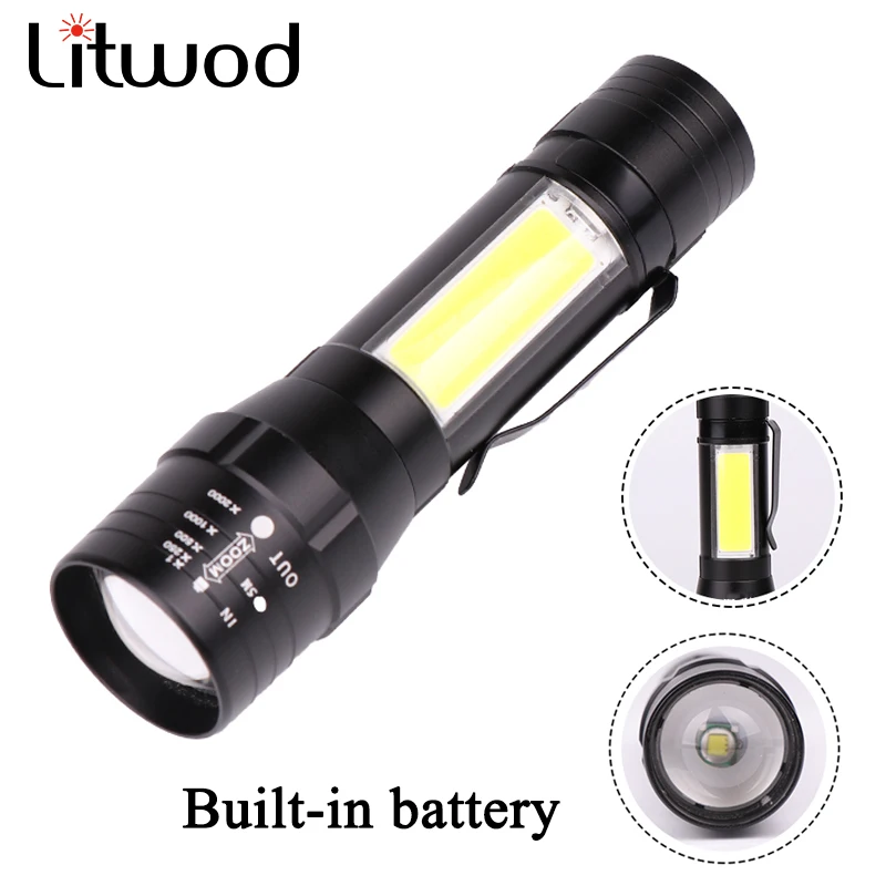 

Z203101 Litwod LED Flashlight CREE T6 COB mini Torch Aluminum alloy rechargeable lantern built-in battery for Camping light