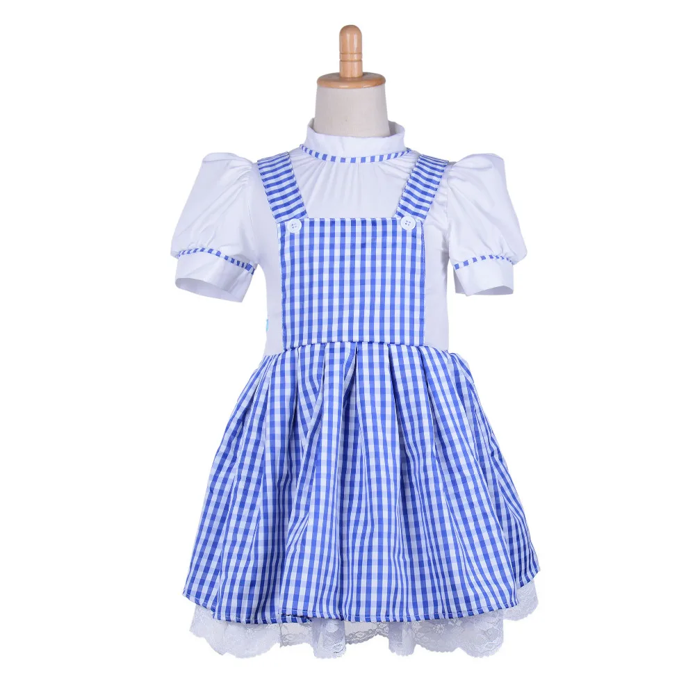 Little Dorothy Costume Kids Girls Blue Gingham Plaid Dress Suspender Skirt Fluffy Dress Fairytale Princess Halloween Costume