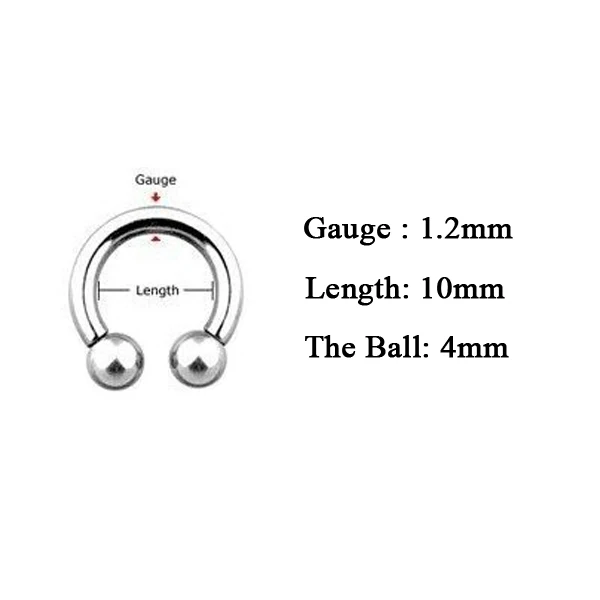 Alisouy, 1 шт., модный шарик подковы, поддельные соски, кольцо для носа, перегородка, нержавеющая сталь, губы, Лабрет, брови, шпильки, пирсинг, ювелирные изделия - Окраска металла: 1.2mm 10mm 4mm