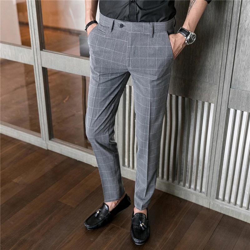 Spring and Autumn Mens Suit Trousers Asia Size 28 29 30 31 32 33 34 36 Dress Pants Men Black and Grey Plaid Leisure Pant