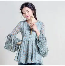 Summer Flower Shirt 2017 Spring New Fashion Vintage Flare Sleeve Print Chiffon Blouses Elegant Slim Female Shirts and Tops
