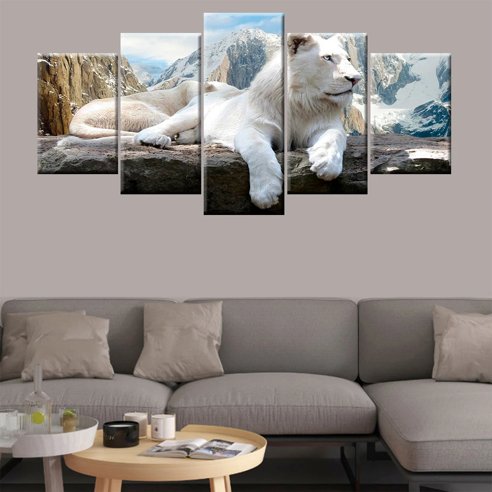 

Modular Canvas Pictures Art 5 Pieces White Animals Lion Poster Decor Living Room Wall HD Printing Paintings Framework