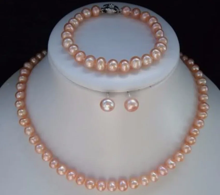 Модное ожерелье s для женщин высокое качество 7-8 мм розовый морской жемчуг Жемчужное ожерелье браслет серьги наборы оптом и в розницу