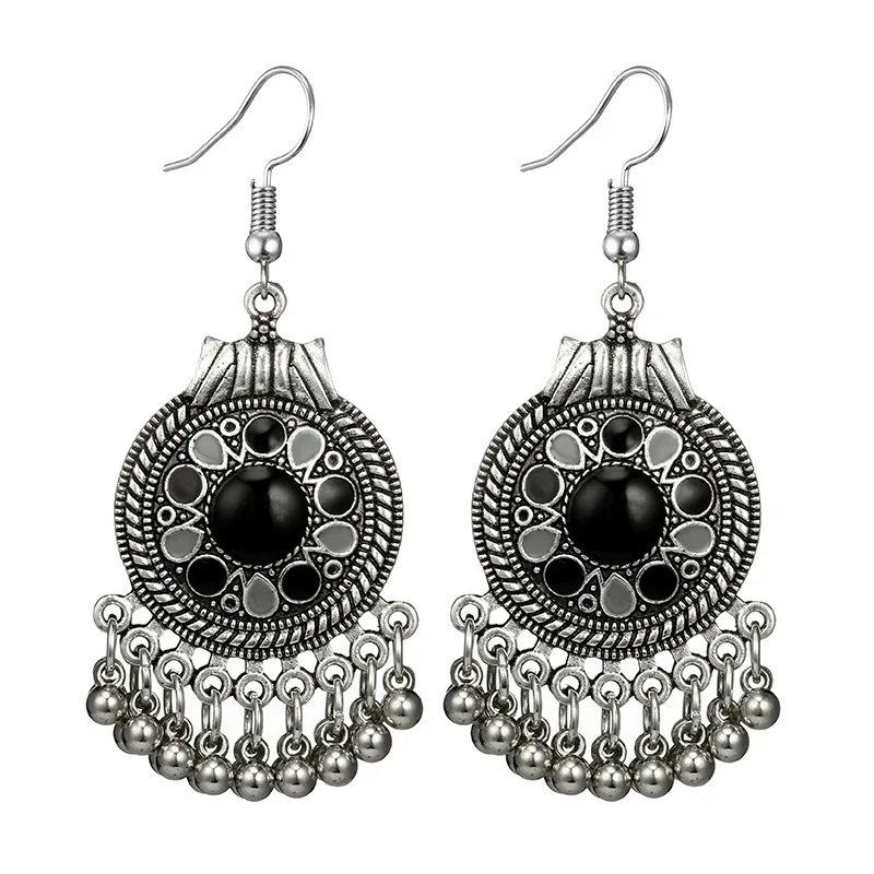 Индийские ювелирные изделия винтажные серебряные металлические бусины Висячие серьги для женщин богемный турецкий длинные серьги с кисточками - Окраска металла: Silver Black