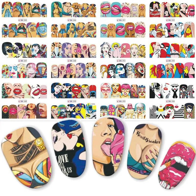 

1pc 2018 New Fashion Pop Art Nail Sticker Water Transfer Nails Art Decals Beauty Decor Slider Cool Girl Lips Manicure