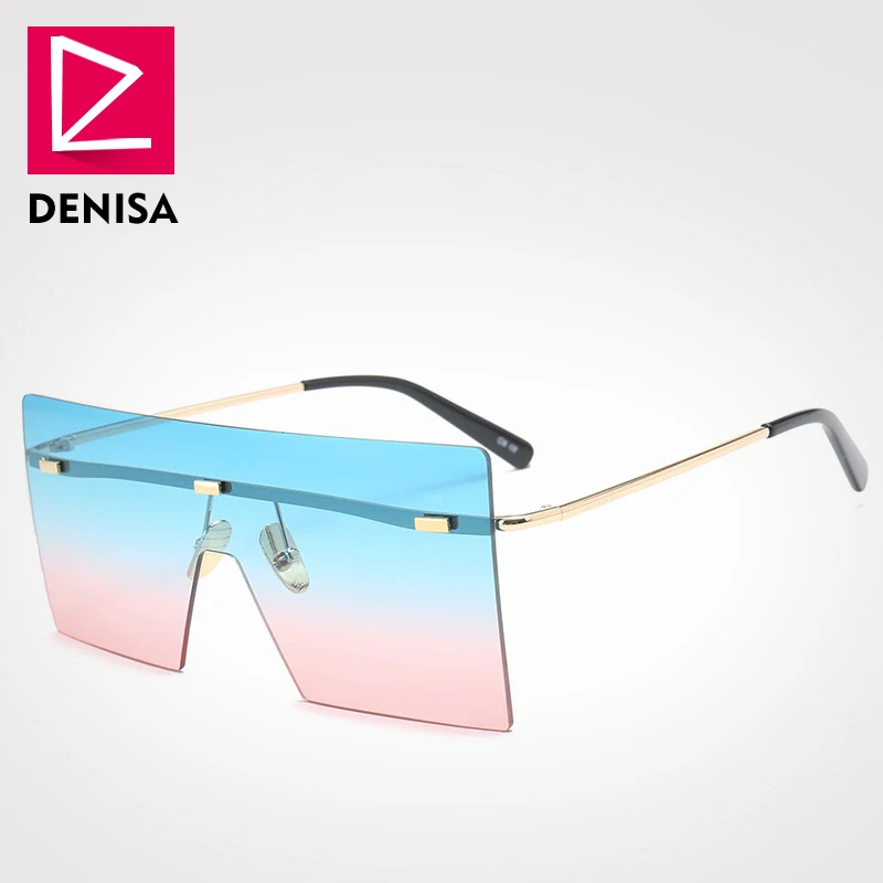 DENISA Shield, негабаритные солнцезащитные очки для женщин и мужчин, трендовые очки, винтажные Квадратные Солнцезащитные очки без оправы, UV400 lunette soleil homme G18076 - Цвет линз: BluePink Sunglasses