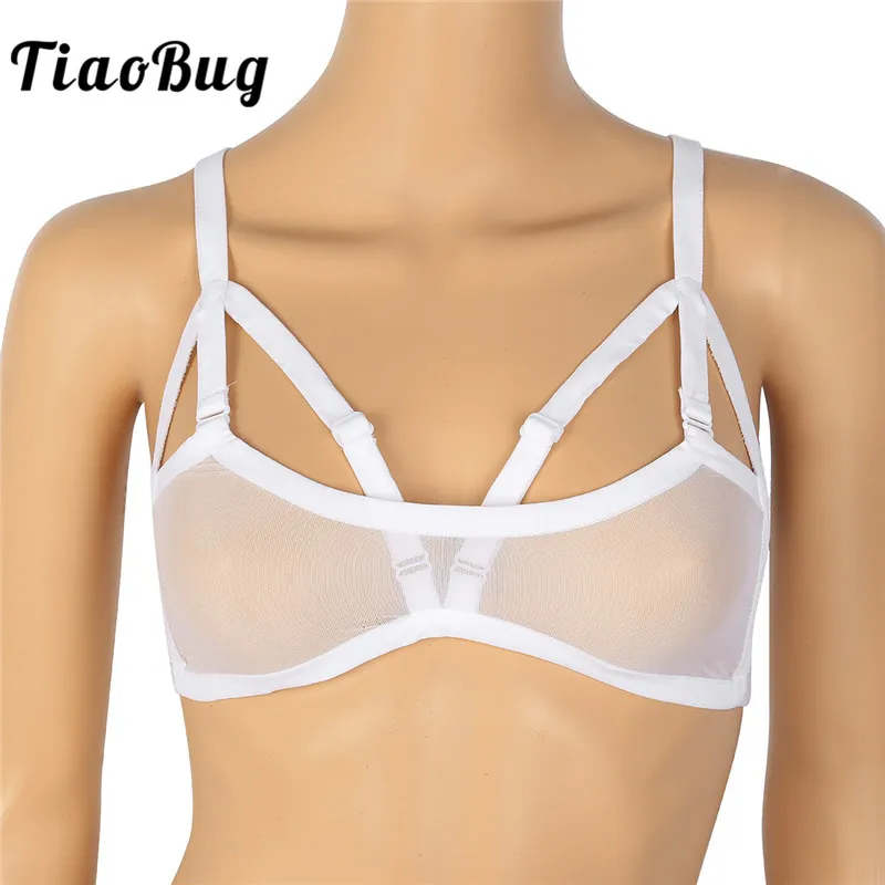  TiaoBug Women Sexy Lingerie Soft Mesh See Through Adjustable Spaghetti Straps Wire-free No Pad Bra 