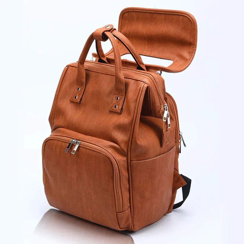 

New Arrival PU Leather Diaper Bag Large Capacity Baby Bags for Mom Travel Backpack For Mom Dad + Changing Pad + Stroller Hooks