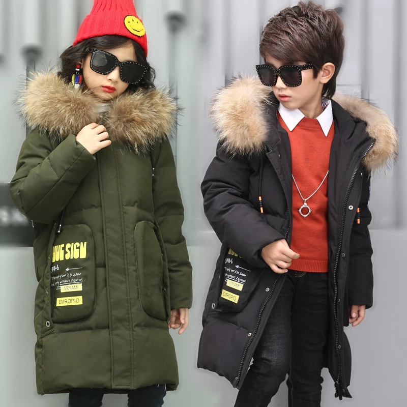 

HSSCZL 2019 Children 's Duck Down Jacket Boys Girls Long Coat Fur Collar Large Winter Coat Hooded Unisex Thicken Kids Overcoat