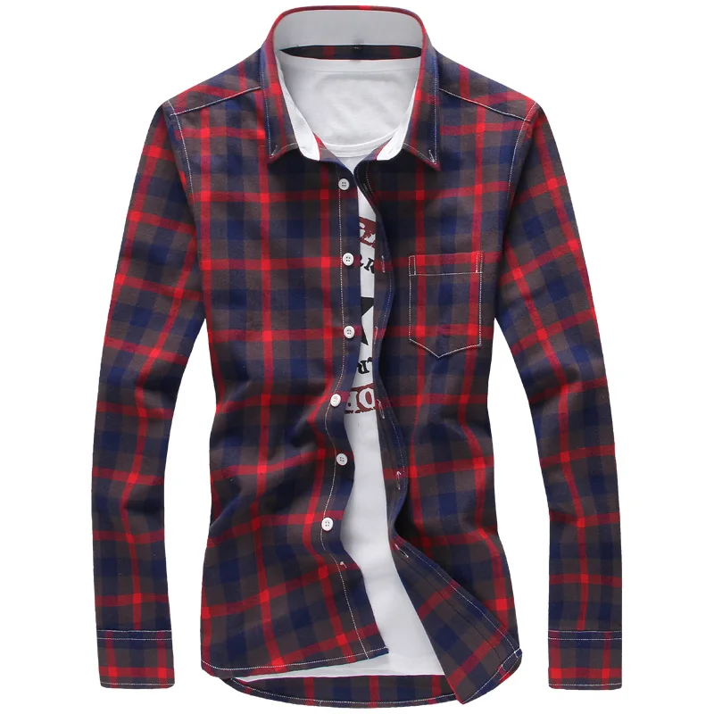 5XL клетчатые мужские рубашки, клетчатая рубашка, бренд, новая мода, на пуговицах, с длинным рукавом, повседневные рубашки размера плюс - Цвет: Red