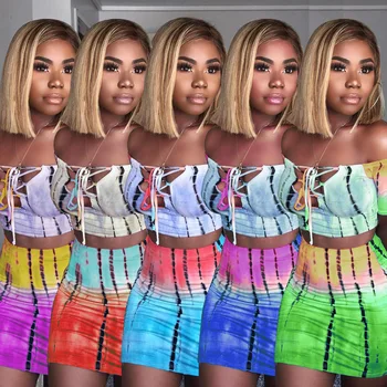 

NEw 2019 sexy short strapless top mini skirt set multicolor print women two piece set plus size 3XL outfits