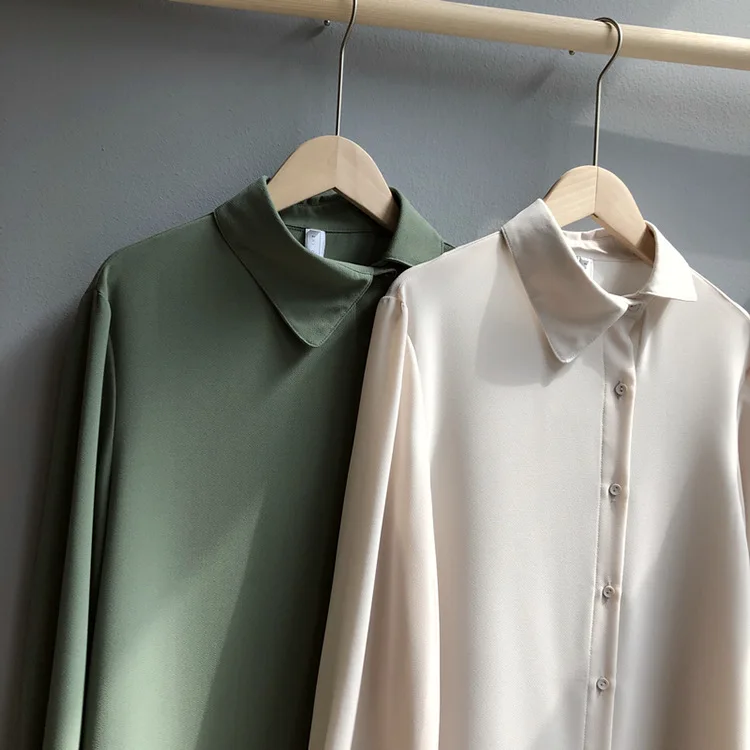 

Spring new self-made slant collar design high-grade pure-color Lantern Sleeve Shirt 1069
