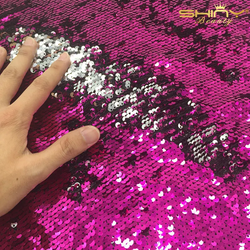 

Reversible Sequin Fabric Gold Mermaid Fish Scale Two Way Stretch Spandex Fabric for Dress Custume DIY-Fuchsia and Silver 3 Yards