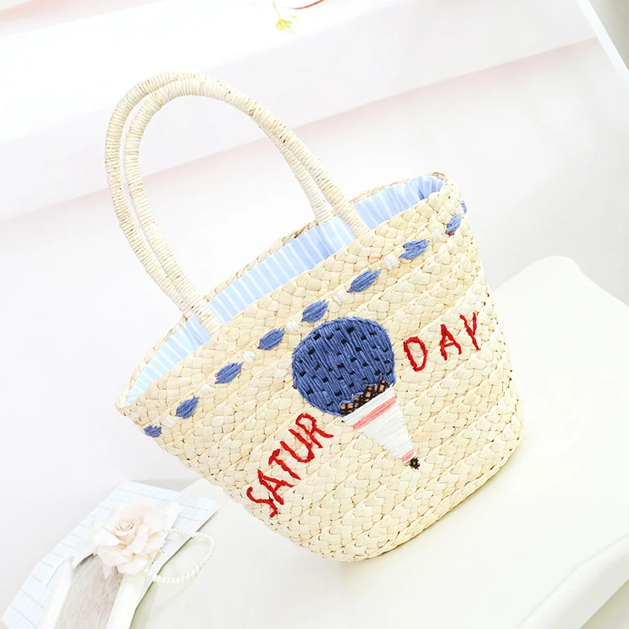 

Embroidery Letters Cartoon Pattern Women's Handbags Hand Woven Straw Totes Ladies Big Capacity Summer Bohemian Beach Bags Women