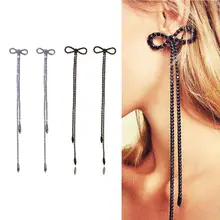 Black White Rhinestone Bow Knot Long Chain Dangle Earrings Women Fashion Jewelry rhinestone long chain earrings