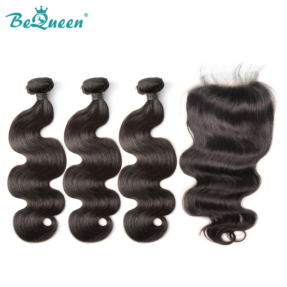 BeQueen бразильские волосы плетение 3 пучка с закрытием волнистые человеческие волосы пучки с закрытием необработанные девственные