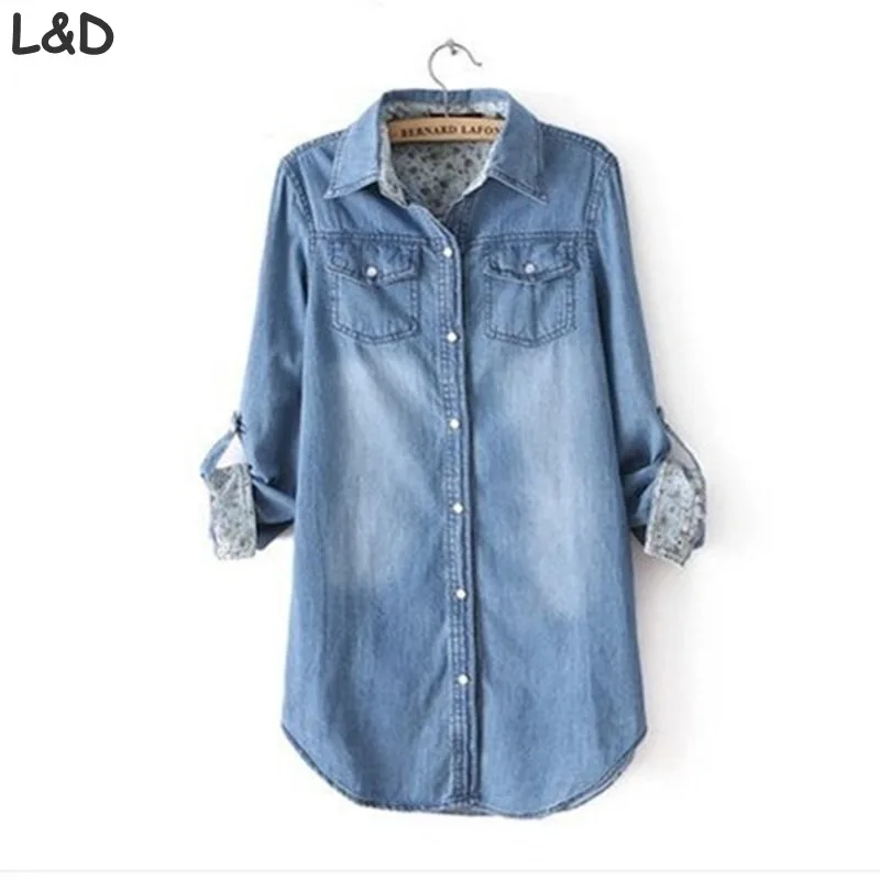 Women Denim Blouse jeans Shirt Fashion Tops Slim Cotton Jeans Shirts
