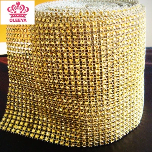 

24rows 4mm Rhinestone Mesh Trimming Gold Plastic Sew On Mesh Trim Golden Base 10yards / roll For Garments Y2338