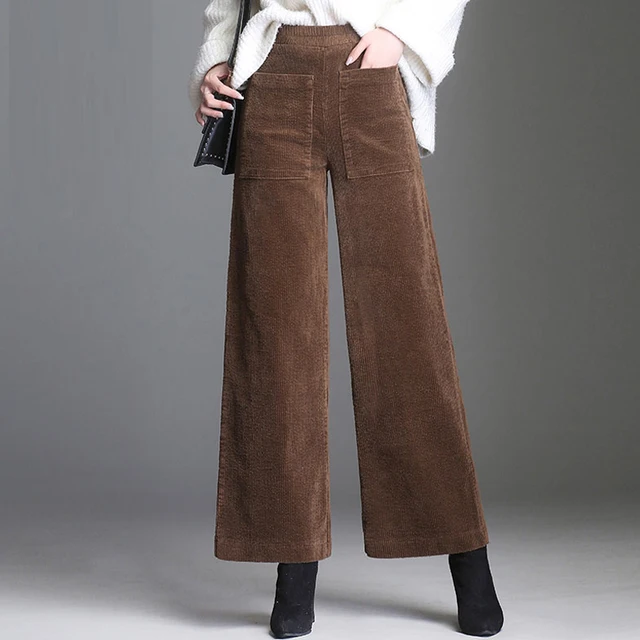 Fall Winter Fashion Women Wide Leg High Waisted Black Corduroy Pants