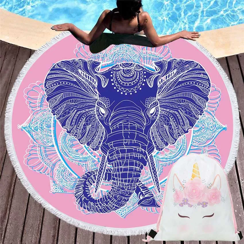 

Summer Elephant Round Beach Towels Sports Bath Towels Seaside With Drawstring Backpack Bag Wall Tapestry Blanket Bikini Cover Up