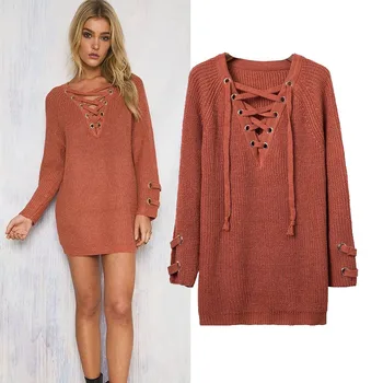

Christmas Pullovers Sweater 2018 Autumn Women Knitted Lace-up Sweaters Bandage Neck Knitwear Loose Casual Long Jumper female