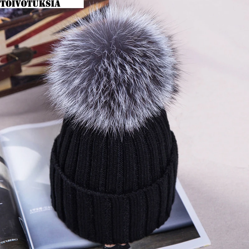 

Real Fox Fur Genuine Female Caps Pompons Decoration Double-deck Warm Cross Knitted Winter Hats for Women Beanies