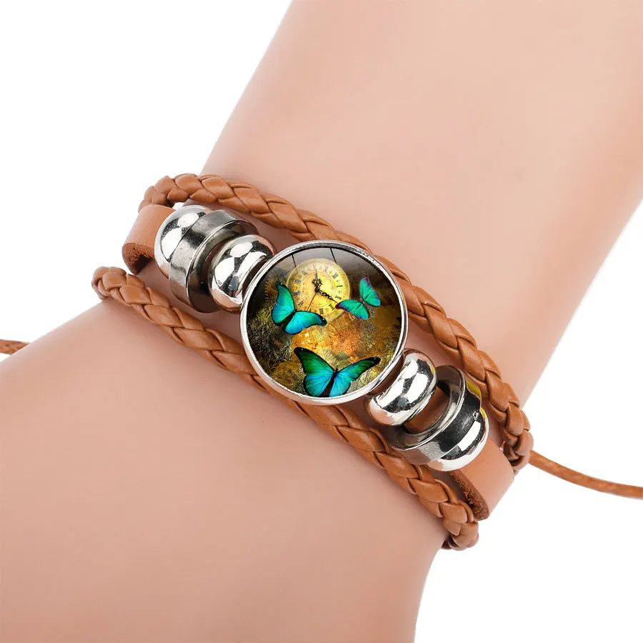 

2018 Butterfly Time Gem Handmade Cowhide Men Bracelet Colours Leather Adjustable Bracelets Bangles for Women Jewelry Gifts