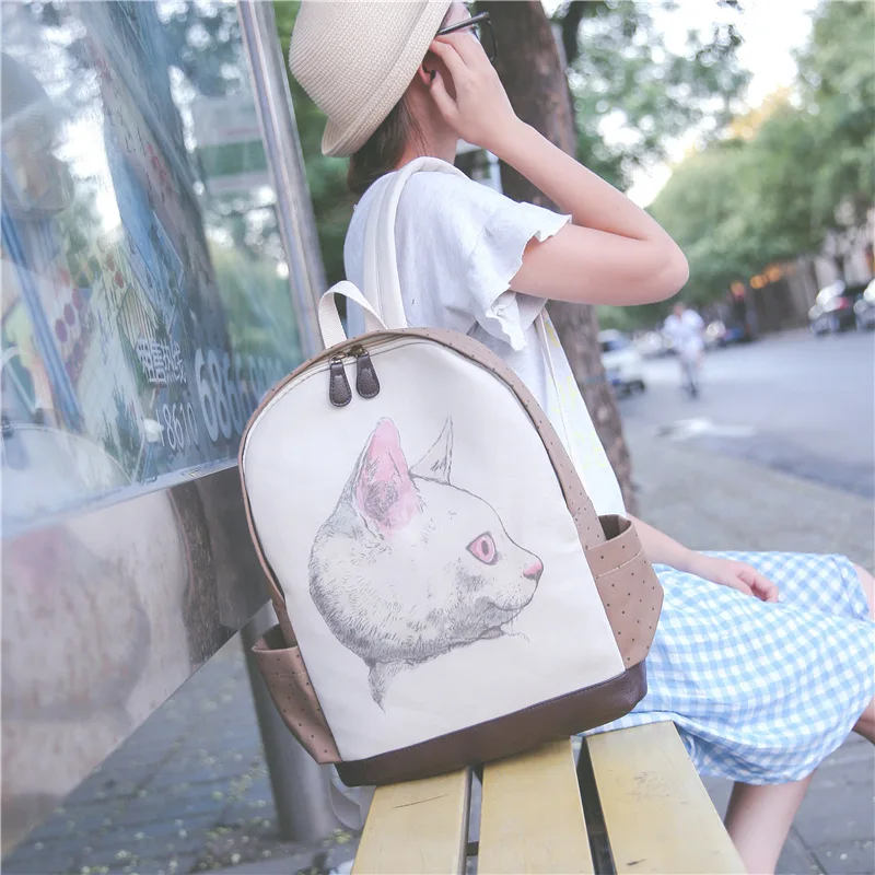YOUYOU MOUSE Cute Cartoon Women Backpacks Large Capacity Laptop Backpack Canvas School Bags For Girls Cat