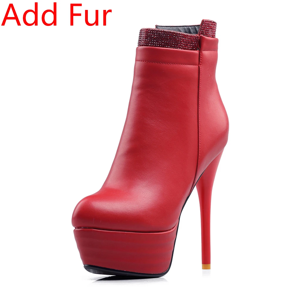 BONJOMARISA/ г. Осенне-зимние Брендовые женские ботильоны на высоком каблуке 14 см размера плюс 31-46 женские вечерние ботинки на платформе - Цвет: red thick fur