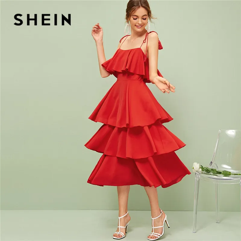 

SHEIN Tassel Tie Shoulder Layered Ruffle Summer Dress Sleeveless Spaghetti Strap High Waist Vacation Boho Dress Midi Women Dress