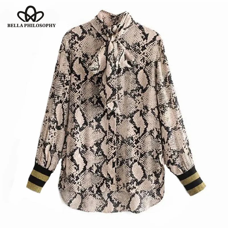 2018 casual snake print bow tie blouse animal pattern patchwork long sleeve split irregular shirts vintage tops Wonder store
