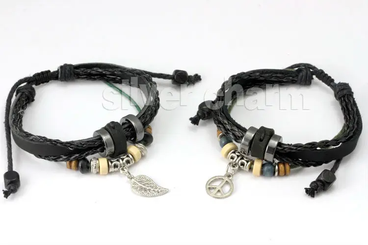 

BAMOER Wrap Black Leather Bracelet With Braided for Lover Metal Leaf Charms Fashion Woven Bracelet PI0276