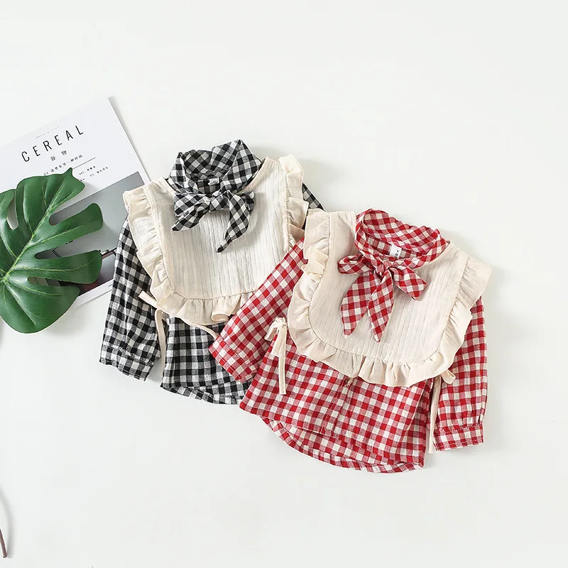 INS/комплект из 2 предметов в шотландском стиле для маленьких девочек, черная и красная блузка в клетку Детские рубашки с бантом одежда для девочек хлопковые рубашки Bebes