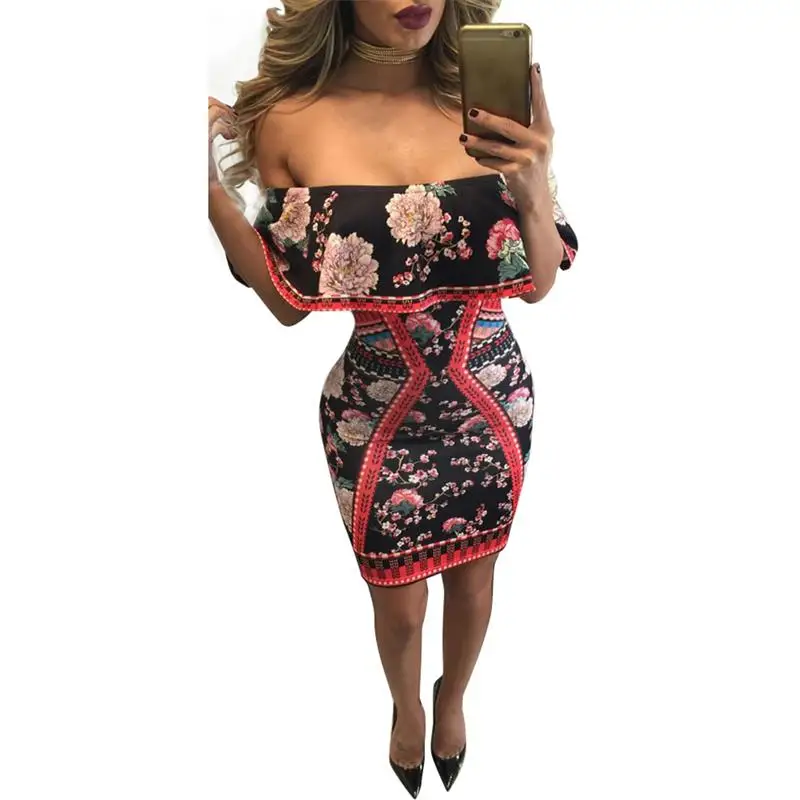 2017 Лето урожай цветочные печати женщины bodycon dress slash шеи без бретелек Трепал