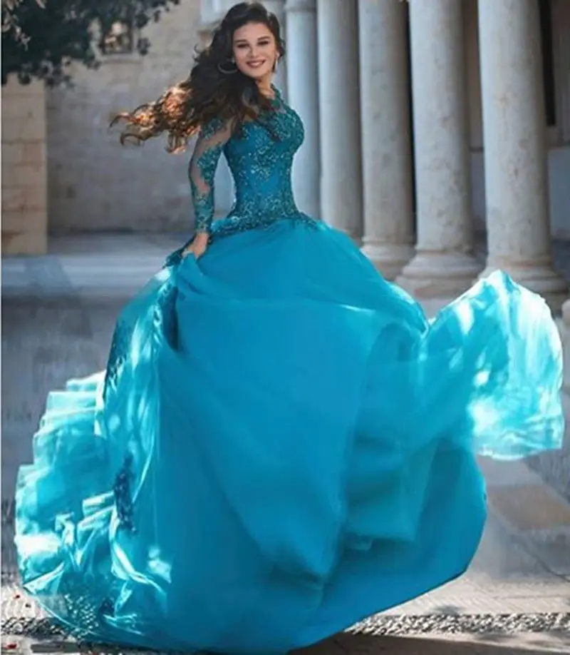 Ball Gown Turquoise Evening Dresses 2017 Lace Appliques Arbic Formal Prom Evening Gowns Turkish Vestido De Noche _ - Mobile