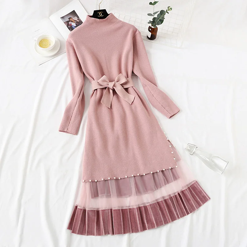 Прямое осенне-зимнее платье-свитер, корейский стиль, Женский вязанный комплект из 2 предметов, платье для девушек, вышитое бисером шерстяное платье с поясом - Цвет: pink