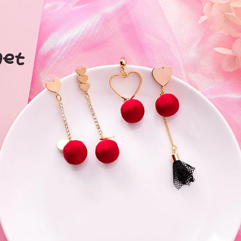 Fashion Red Cloth Fabric Ball Gold Heart Long Chain Black Mesh Tassel Asymmetric Drop Earrings For Women Bridal's Jewelry | Украшения и