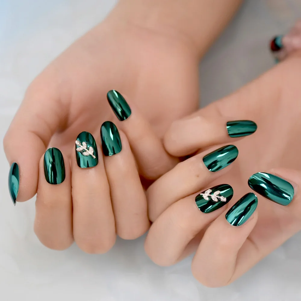 

Flower Oval Medium Mirror Fingernails Metal Bouquet Decoration Designed Fake Nails Branch Artificial Press On Nails