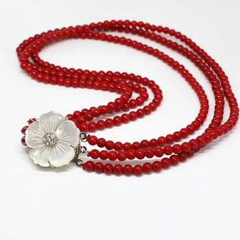 

4 rows red artificial coral 6mm cute style round beads natural white mother shell flower clasp necklace 17-18inch B1453